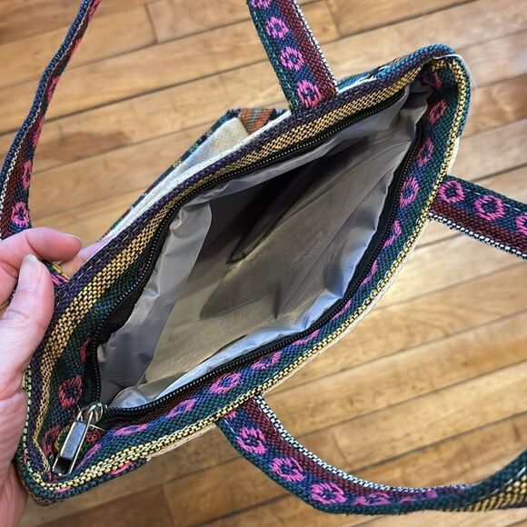 Embroidered Butterfly Canvas Hand Bag Tote Shaped Purse with Colorful Panels - Picture 6 of 6